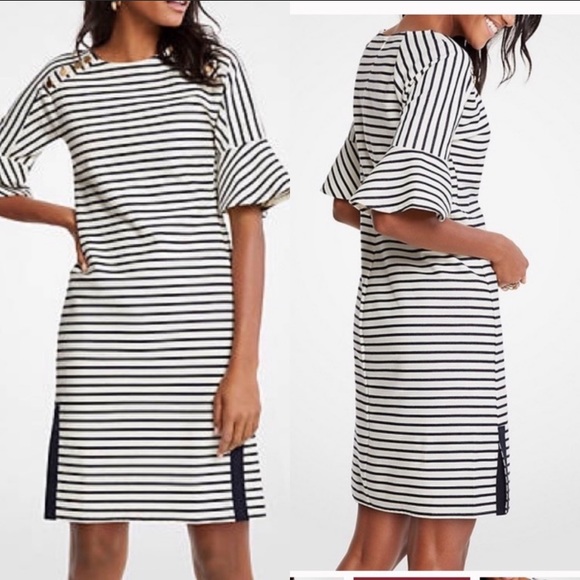 Ann Taylor Striped Fluted Sleeve Shift Dress - Picture 2 of 14